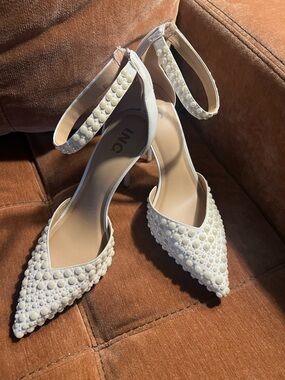 INC International Concepts Ivory Pearl Embellished Ankle-Strap Pointed Heels